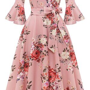Women's Church Dresses for 2025 Wedding Guest Cocktail Tea Party Bell Sleeve Vin
